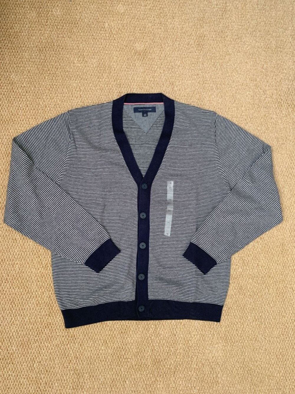 Tommy Hilfiger Men’s L Navy Gray Striped Button Front Cotton Cardigan Sweater